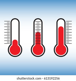 Set of thermometer vector flat images.Thermometer vector sign isolated at blue background. Temperature measurement vector illustration.