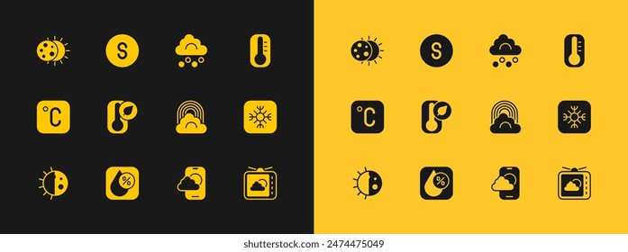 Set Thermometer, Water drop percentage, Rainbow with cloud, Weather forecast app, Hail, Eclipse of sun and Compass south icon. Vector
