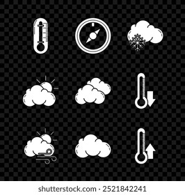 Set Thermometer, Wind rose, Cloud with snow, Windy weather, Sun and cloud and  icon. Vector