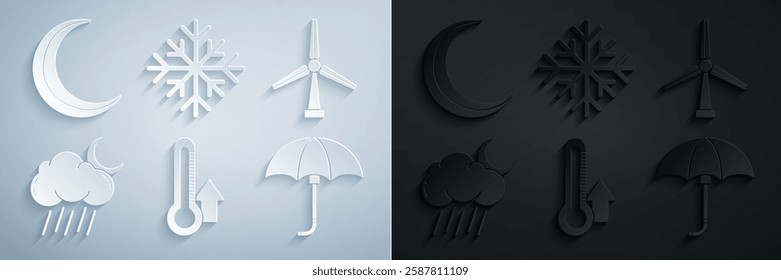 Set Thermometer, Wind turbine, Cloud with rain and moon, Classic elegant opened umbrella, Snowflake and Moon stars icon. Vector