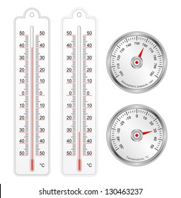 Set of thermometers and barometer in vector, isolated over white