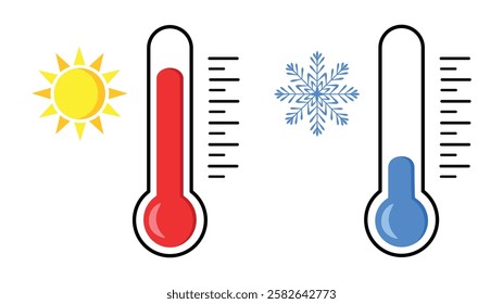 Set of thermometers in cartoon style. Vector illustration of meteorological thermometers with scales, red, blue, sun and snowflake isolated on white background. Temperature measurement.