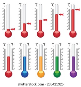 Set of thermometers with colored liquid on the white background.