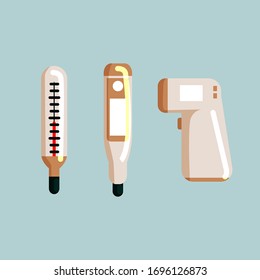 set of thermometers of different generations and principles of action isolated on white background