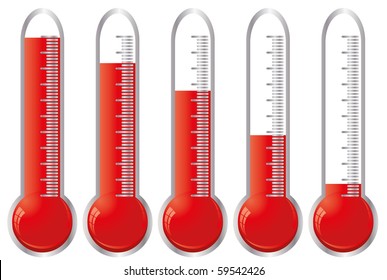 Set of thermometers with different levels of indicator fluid, vector illustration
