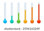 Set of thermometers with different temperature levels, from cold to hot. Weather, climate, temperature measurement concept. Flat vector illustration isolated on white background