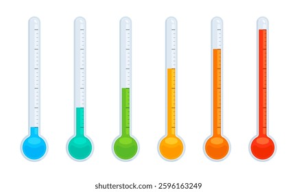 Set of thermometers with different temperature levels, from cold to hot. Weather, climate, temperature measurement concept. Flat vector illustration isolated on white background