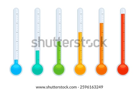 Set of thermometers with different temperature levels, from cold to hot. Weather, climate, temperature measurement concept. Flat vector illustration isolated on white background