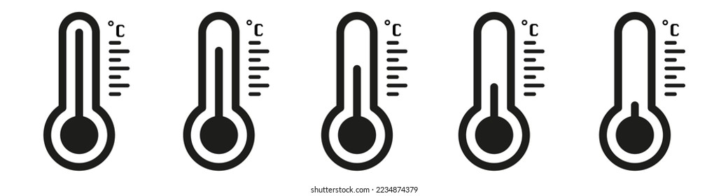 Set of thermometers. Five vector thermometer showing the temperature. Thermometer vector icon.