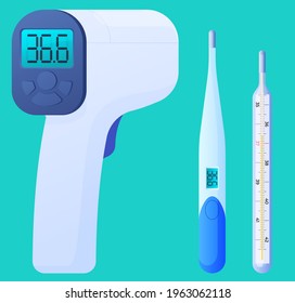 Eine Reihe von Thermometern zur Messung der Körpertemperatur. Menschliche Gesundheit. Vektorgrafik.