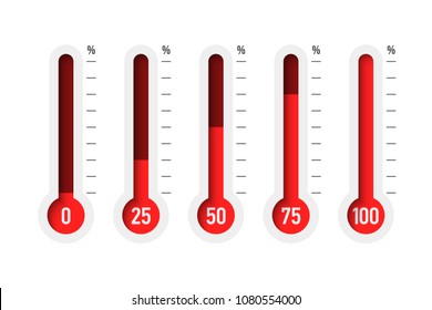 Set of thermometers in percentage with different levels, vector illustration