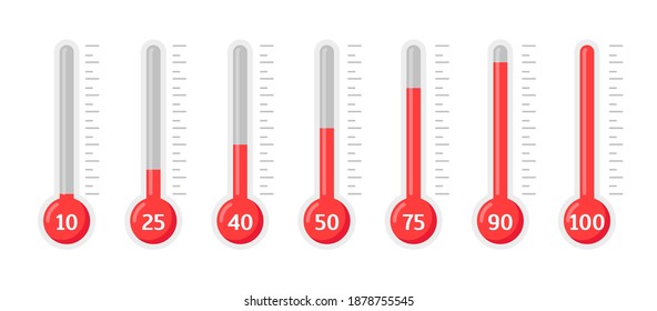 Set of thermometers in percentage with different levels, vector illustration