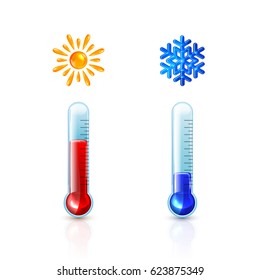 Set of thermometers with red and blue indicator isolated on white background, summer Sun and winter Snowflake, illustration.