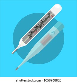 set of thermometers,old and new medicines supplies. Logotype, concept health care. old vs new
