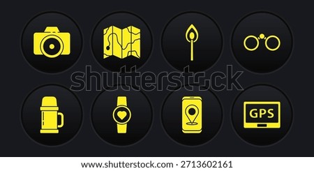 Set Thermos container, Binoculars, Smart watch showing heart beat rate, City map navigation, Burning match with fire, Location of the forest, Gps device and Photo camera icon. Vector