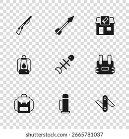 Conjunto de contenedor Thermos, chaleco a prueba de balas, cuchillo suizo del ejército, peces muertos, tienda de caza, pistola, flecha medieval e icono de linterna de camping. Vector