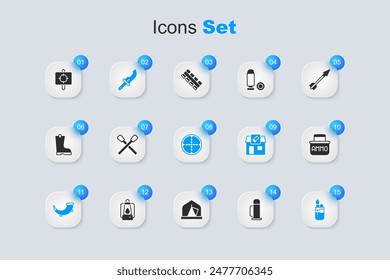 Set Thermos container, Burning match with fire, Hunter knife, Hunting horn, Lighter, Ammunition box, Target sport and Sniper optical sight icon. Vector