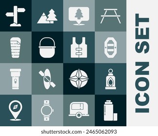 Set Thermos container, Camping lantern, Rafting boat, Location of the forest, pot, Sleeping bag, Road traffic signpost and Life jacket icon. Vector