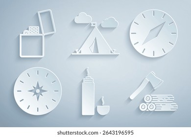 Set Thermos container, Compass, Wooden axe and wood, Tourist tent with flag and Lighter icon. Vector