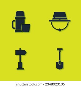 Set Thermos container and cup, Shovel, Road traffic signpost and Camping hat icon. Vector