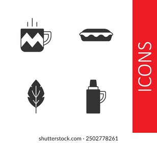 Set Thermos container, Cup of tea, Leaf and Homemade pie icon. Vector