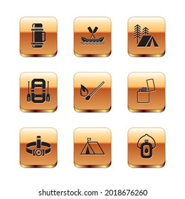 Set Thermos container, Head flashlight, Tourist tent with flag, Burning match fire, Rafting boat, Canteen water bottle and  icon. Vector