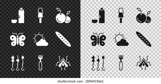 Set Thermos container, Ice cream, Fruit, Grilled shish kebab skewer, Fork, Mosquito, Butterfly and Sun and cloud weather icon. Vector