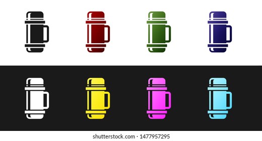 Set Thermos container icon isolated on black and white background. Thermo flask icon. Camping and hiking equipment.  Vector Illustration