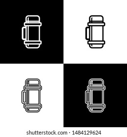 Set Thermos container icon isolated on black and white background. Thermo flask icon. Camping and hiking equipment.  Vector Illustration