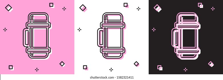 Set Thermos container icon isolated on pink and white, black background. Thermo flask icon. Camping and hiking equipment.  Vector Illustration