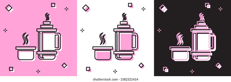 Set Thermos container icon isolated on pink and white, black background. Thermo flask icon. Camping and hiking equipment.  Vector Illustration