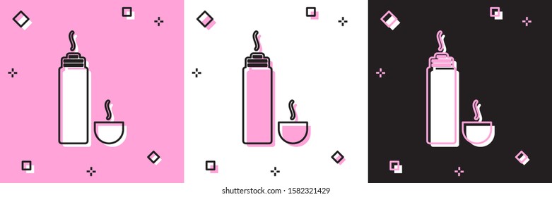 Set Thermos container icon isolated on pink and white, black background. Thermo flask icon. Camping and hiking equipment.  Vector Illustration