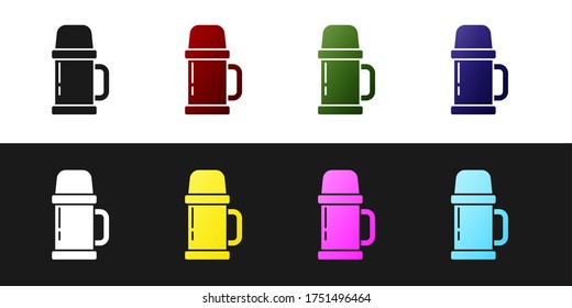 Set Thermos container icon isolated on black and white background. Thermo flask icon. Camping and hiking equipment. Vector Illustration
