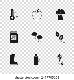Set Thermos container, Leaf, Kite, Mushroom, Thermometer, Apple and Jam jar icon. Vector