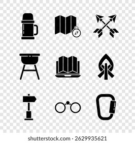 Set Thermos container, Location of the forest map, Crossed arrows, Road traffic signpost, Binoculars, Carabiner, Barbecue grill and laptop icon. Vector