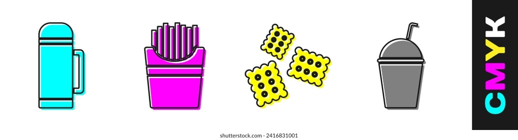 Set Thermos container, Potatoes french fries in box, Cracker biscuit and Milkshake icon. Vector