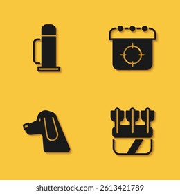 Set Thermos container, Quiver with arrows, Hunting dog and Target sport icon with long shadow. Vector