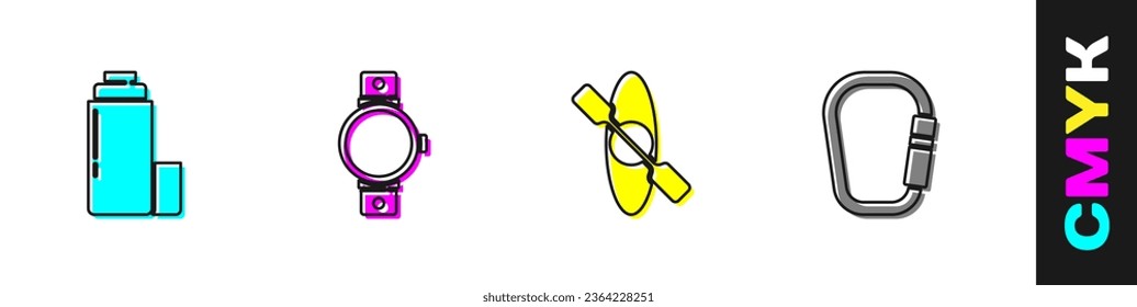 Set Thermos container, Smartwatch, Kayak or canoe and Carabiner icon. Vector