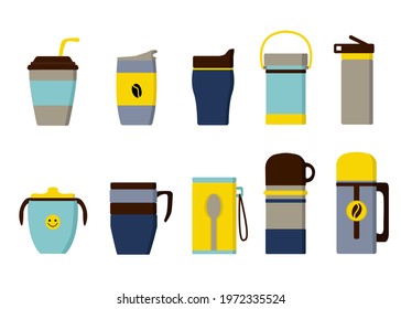 Set of thermos, mug, sippy cup, cup with  lid, straw, reusable glass . Design vector isolated flat style illustration, white background. Dishes for drinks, coffee, tea.