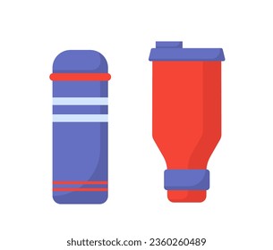 Set of thermoses concept. Container for hot drinks, tea or coffee. Active lifestyle and fitness. Stickers for social networks. Cartoon flat vector collection isolated on white background