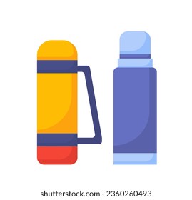 Set of thermoses concept. Container for hot drinks, tea or coffee. Active lifestyle, camping and hiking. Poster or banner. Cartoon flat vector collection isolated on white background