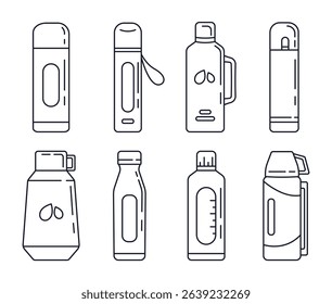 Set of thermoses for drinks. Thermos or bottle with hot drink. Sports water bottle. Set of linear icons. Vector illustration