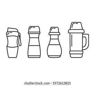 A set of thermoses.Thermos drink container.Isolated on a white background.Sport water bottle.Thermo mugs.Outline vector illustration.