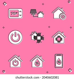 Set Thermostat, House with solar panel, Smart home settings, Power button,  and humidity icon. Vector