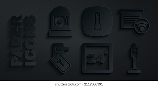 Set Thermostat, Smart Garage, Digital Door Lock, Vacuum Cleaner,  And Ringing Alarm Bell Icon. Vector