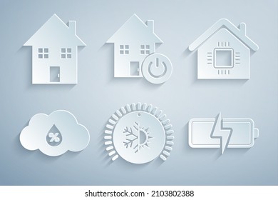 Set Thermostat, Smart home, Humidity, Battery,  and House icon. Vector