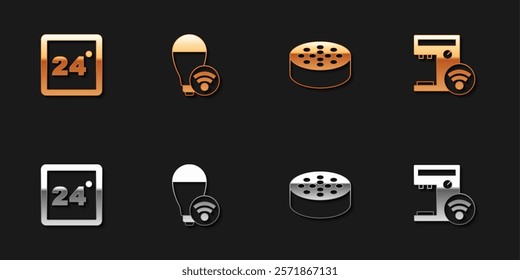 Set Thermostat, Smart light bulb, Water sensor and coffee machine icon. Vector