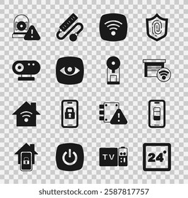 Set Thermostat, Smartphone battery charge, garage, Wi-Fi wireless internet network, Security camera, Web, Ringing alarm bell and coffee machine icon. Vector