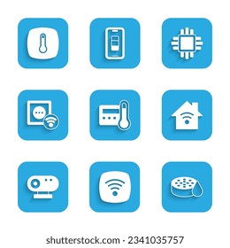 Set Thermostat, red inalámbrica Wi-Fi, sensor de agua, hogar inteligente con wi-fi, cámara web, toma eléctrica, CPU del procesador e icono. Vector