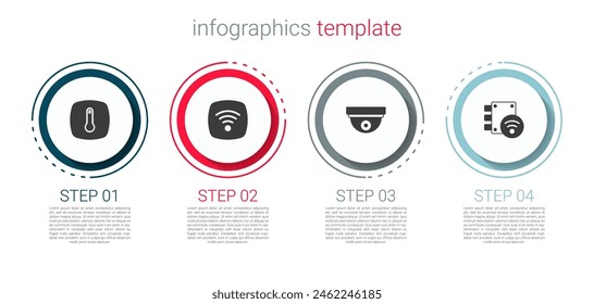 Set Thermostat, Wi-Fi wireless internet network, Motion sensor and Digital door lock. Business infographic template. Vector